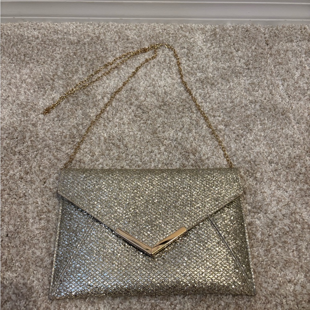 Silver Sequin Evening Bag w Gold Chain